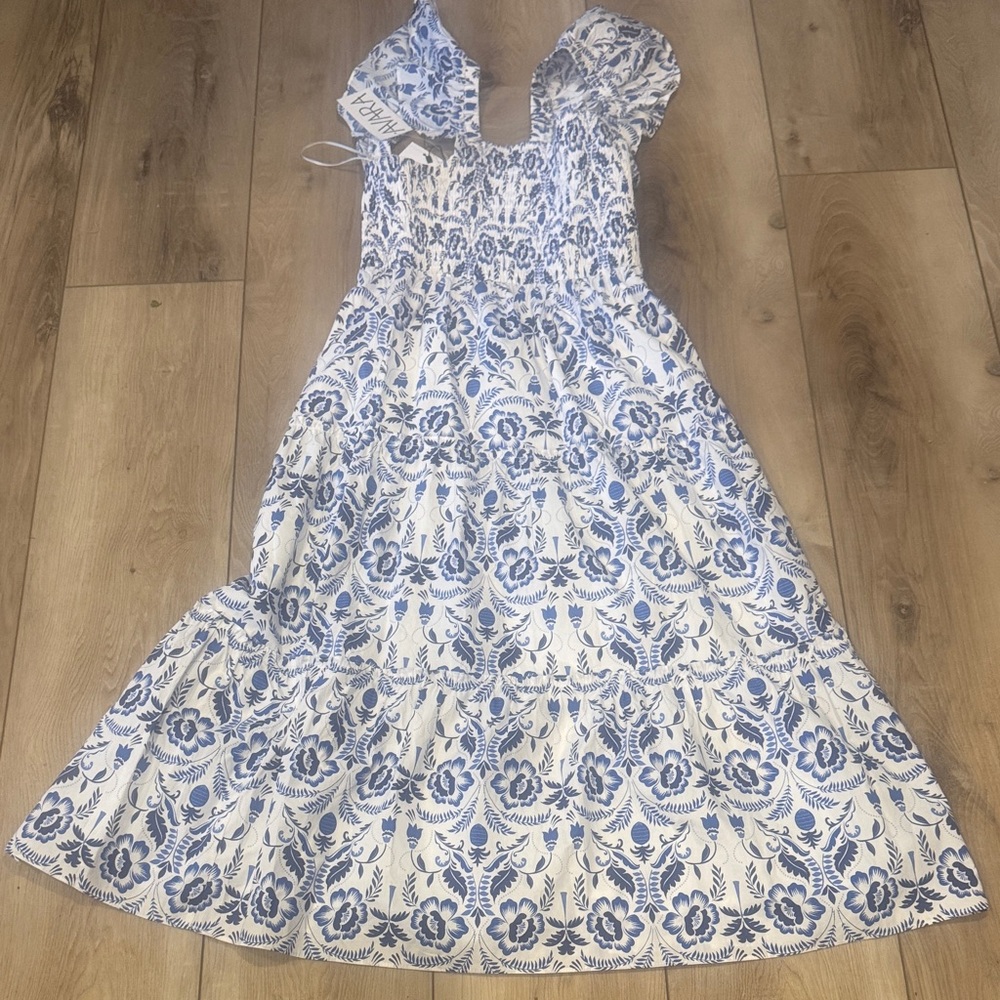 Off-Shoulder Blue & White Floral Midi Dress - Picture 2 of 11